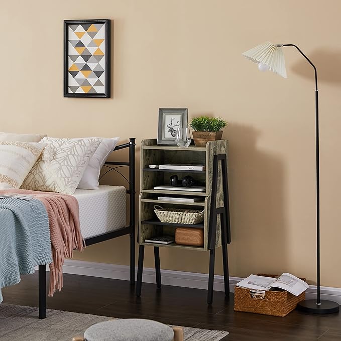 VECELO Night Stand Industrial End Table,Bedside Table with 2-Tier Open Storage Compartments for Bedroom, Living Room and Small Spaces