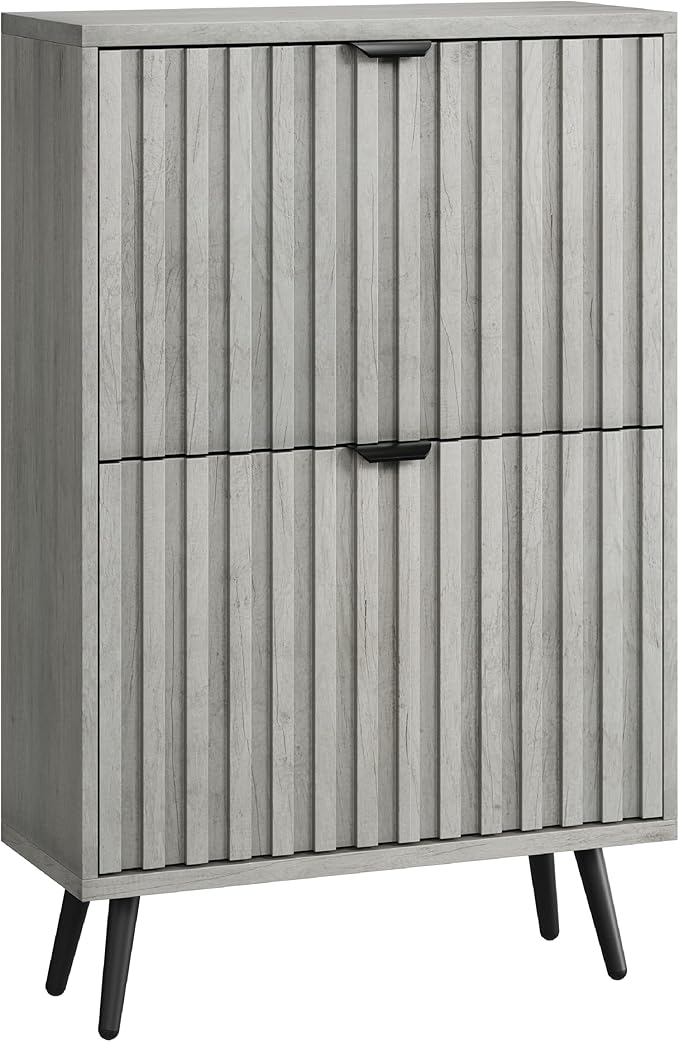 Smuxee Shoe Cabinet with 2 Flip Drawers, 23.6" Grey Hidden Shoe Storage Cabinet with Fluted Design, Freestanding Shoe Organizer Cabinet for Entryway, Hallway, Living Room, Closet
