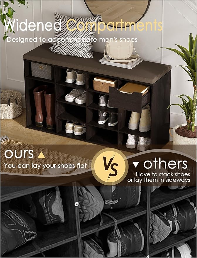 DINZI LVJ Shoe Bench, Entryway Storage Bench with Drawer and 15 Cubbies, Cubby Shoe Rack with Adjustable Shelves, Shoe Organizer Cabinet for Living Room, Bedroom, Mudroom, Closet and Garage, Espresso