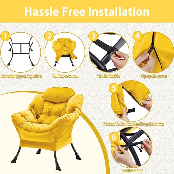 Lazy Chair Thick Padded, Comfy Velvet Accent Lounge Chair with Stable Frame, Leisure Sofa Armchair with Armrests and Side Pocket, Reading Chair for Bedroom, Living Room, Office, Yellow
