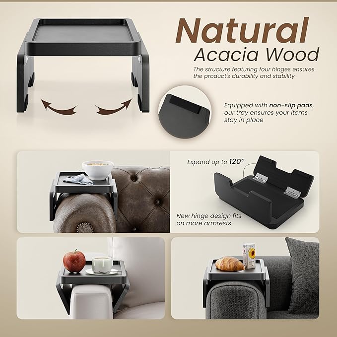 HOLANA Acacia Wood Sofa Armrest Tray - 13.75 x 9.5in Double Hinge Sofa Arm Tray Table Clip - Couch Arm Table - Wooden Side Tables for Eating and Drink (Black Color)