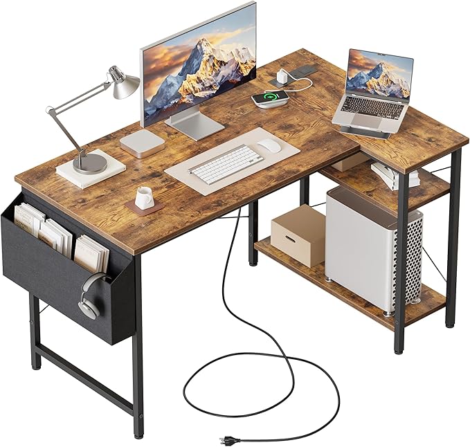 Small L Shaped Computer Desk with Power Outlets, Gaming Desk for Small Spaces, Corner Desk with Reversible Storage Shelves, Study Writing Table for Home Office (Socket, Rustic Brown, 40 inch)