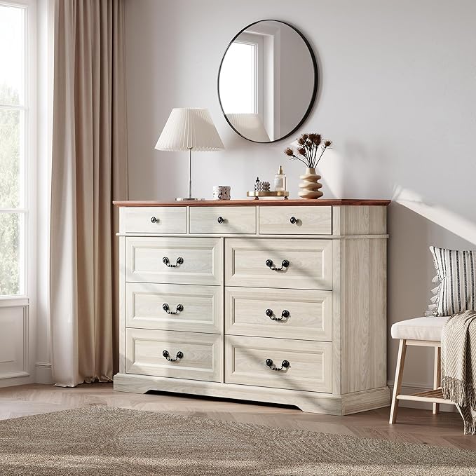LINSY HOME Farmhouse 9 Drawers Dresser for Bedroom, Wood Bedroom Dresser Wide Chest of Drawers, French Country Storage Double Dressers Organizer for Closet, Living Room, Beige