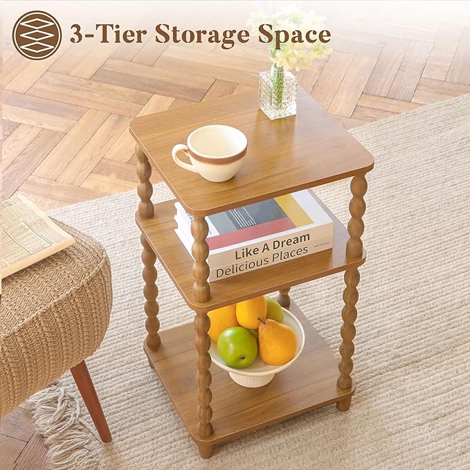 End Table, Small Side Table with 3 Tier Open Shelf, Modern NightStand Accent Table for Small Spaces, Living Room and Office (Caramel Tan)