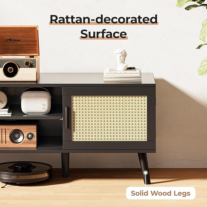 SUPERJARE TV Stand for 65 Inch TV, Entertainment Center with Adjustable Shelf, Rattan TV Console with 2 Cabinets, Media Console, Solid Wood Feet, 4 Cord Holes, for Living Room, Black-8750B