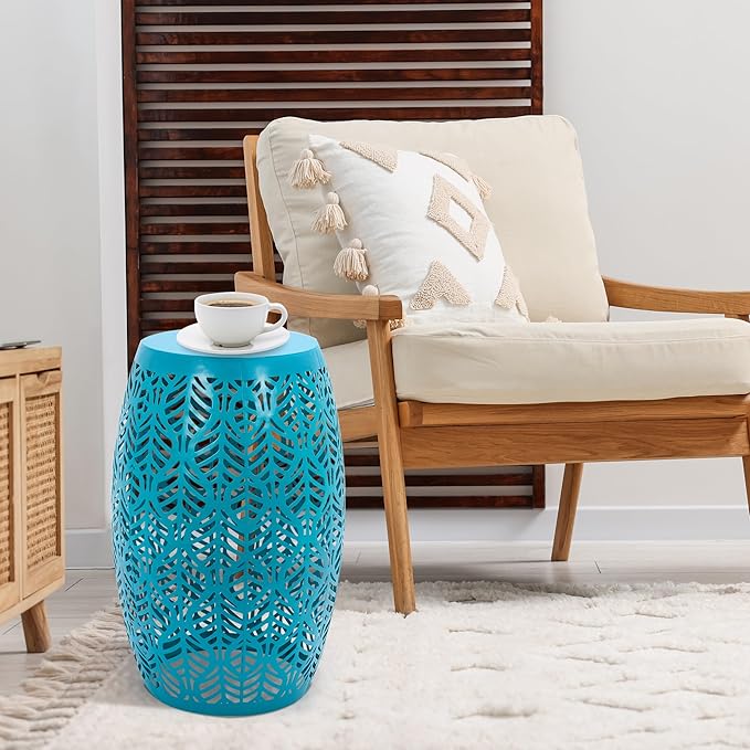 HPC Decor Outdoor Side Table - 18.3" Tall Iron Side Table with Waterproof Solar Powered Light, Cutout Blue End Table,Small Patio Side Table for Outside,Backyard, Pool, Indoor,Decorative Garden Stool.