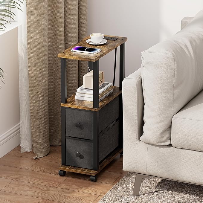 TUTOTAK Small Narrow End Tables, Side Tables with 2 Fabric Drawers, Set of 2, Bedside Tables with Charging Station for Small Spaces, Slim Nightstands with USB Ports and Wheels, TB01BB053