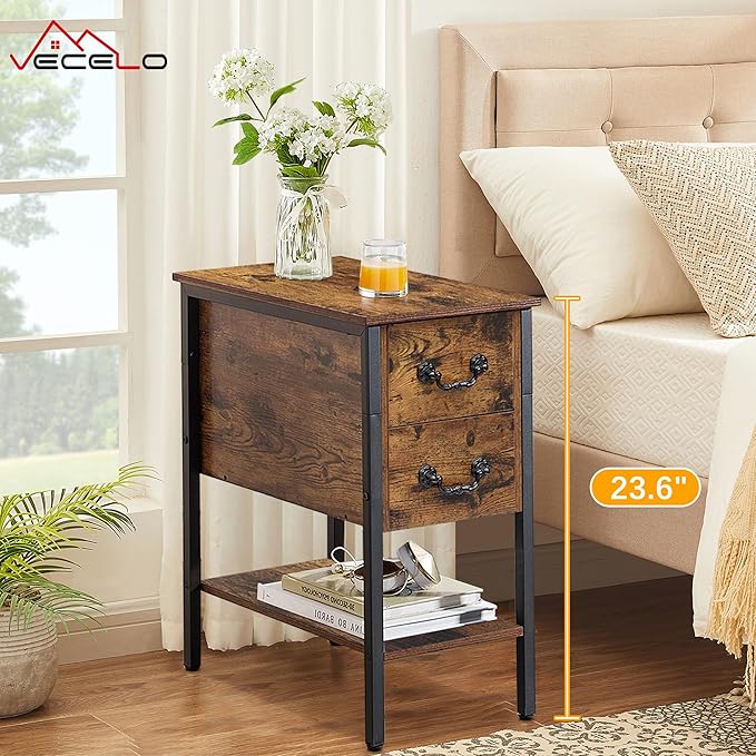 VECELO End Tables,Narrow Nightstand with Drawers and Storage Shelf,Modern Night Stand for Small Spaces, Living Room,Bedroom