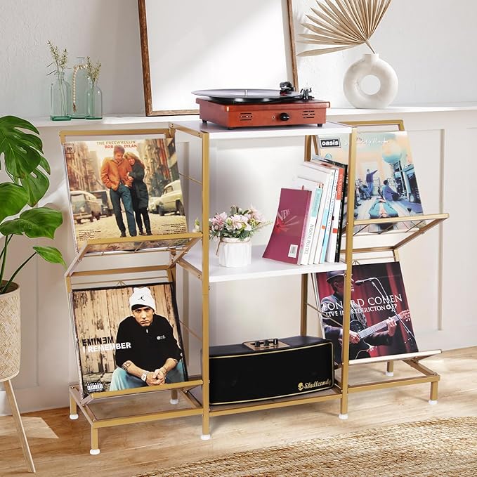 Record Player Stand with Vinyl Record Storage, Turntable Stand with 4-Tier Vinyl Display Shelf & Metal Frame, Record Holder for Living Room, Gold & White