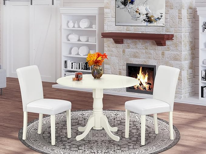 East West Furniture DLAB3-LWH-64 3 Piece Dinette Set for Small Spaces Contains a Round Dining Table with Dropleaf and 2 White Faux Leather Parson Dining Chairs, 42x42 Inch, Linen White