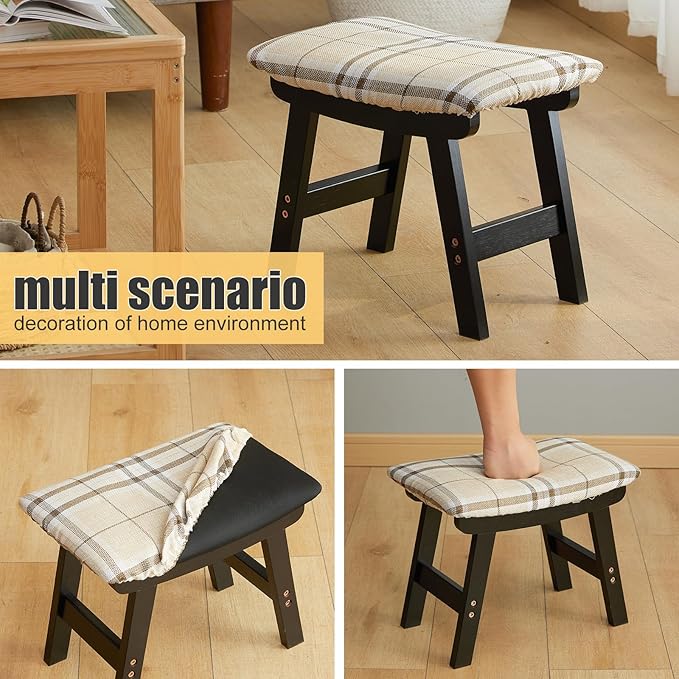 Foot Stool Ottoman Foot Rest Under Desk,Small Stool for Living Room, Bedroom and Kitchen (Black Legs - Stripes Stool Surface)