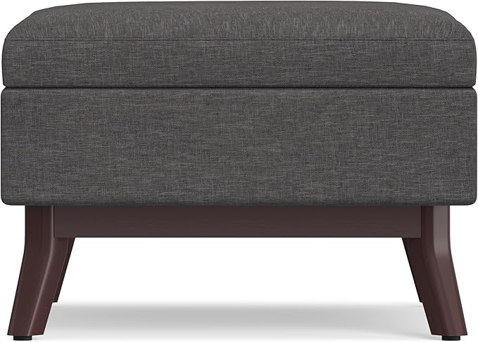 SIMPLIHOME Owen 34 inch Wide Mid Century Modern Rectangle Coffee Table Storage Ottoman in Slate Grey Linen Look Fabric, Assembled, For the Living Room, Entryway and Family Room