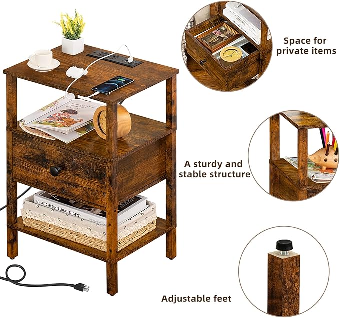 Lerliuo Nightstand Set of 2 with Charging Station and USB Ports, 3-Tier Storage End Table with Drawer Shelf, Night Stand for Small Spaces, Wood Bedside Table for Living Room, Bedroom-Brown
