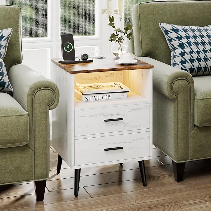 Farmhouse Nightstand with Charging Station and LED Lights, 25.6" H x 17.7" W x 15.7" D Wooden End Table with 2 Drawers, Smart Bedside Table for Dorm, Apartment, Small Space, Antique White