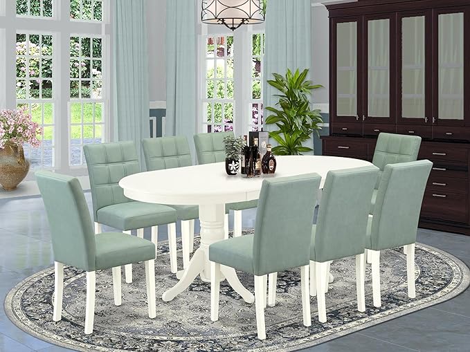 East West Furniture VAAS9-LWH-43 9 Piece Dining Room Set Includes A Wooden Dining Table and 8 Willow Green Polyester Fabric Parsons Chairs, Linen White