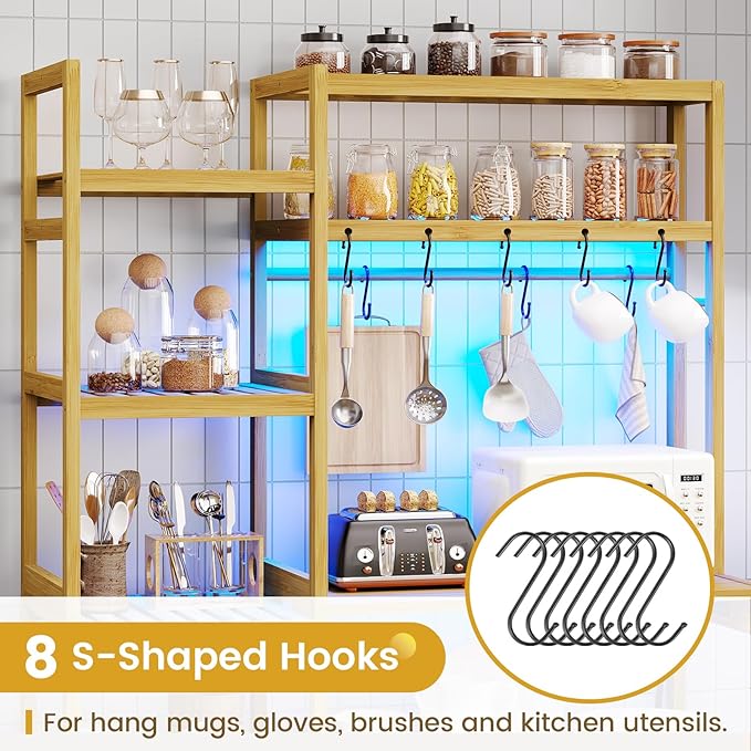 Bakers Rack with Power Outlet, Coffee Bar, 10-Tier Kitchen Shelves with 8 Hooks, Microwave Stand Kitchen Rack Freestanding Utility Storage Shelf, 15.7 x 41 x 65 Inches, Bamboo