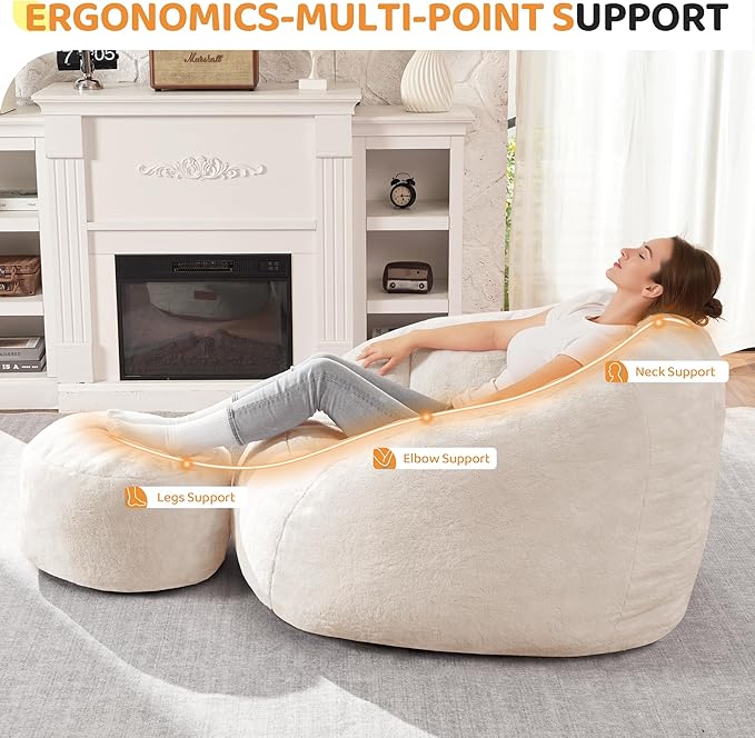 HABUTWAY Bean Bag Chair, Giant Bean Bag Chairs for Adults with Ottoman, Comfy Faux Fur Shell-Shaped Bean Bag Couch, Sofa Chair for Living Room, Bedroom, White