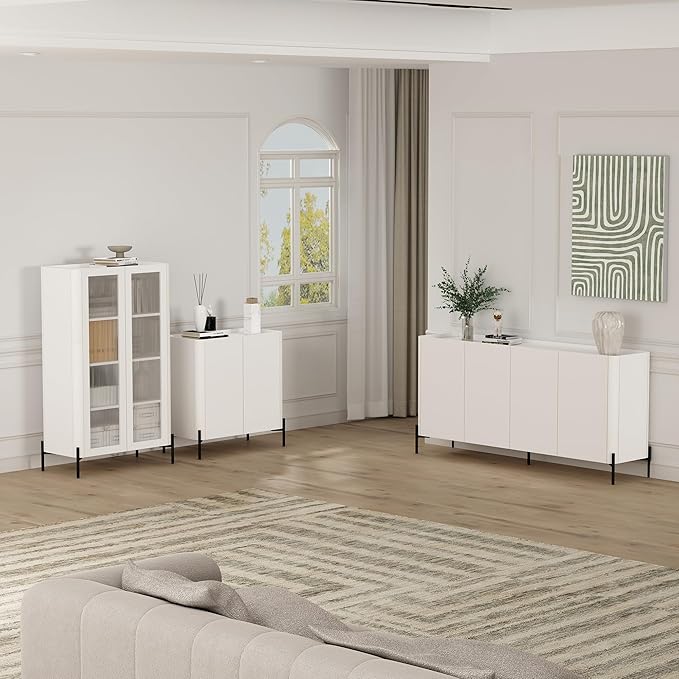 Manhattan Comfort Abbey Accent Cabinet with Doors, Tray Top Design and Adjustable Shelves, Sleek Modern Storage Furniture for Dining Area, Living Room, Bedroom, Entryway, White