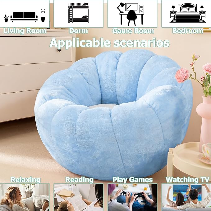 Pumpkin Bean Bag Sofa Chair for Adult, Beanbag Couch with Filler for Reading and Relaxation, Comfy and Lazy Sofa for Dorm, Apartment, Living Room and Bedroom, Sky Blue