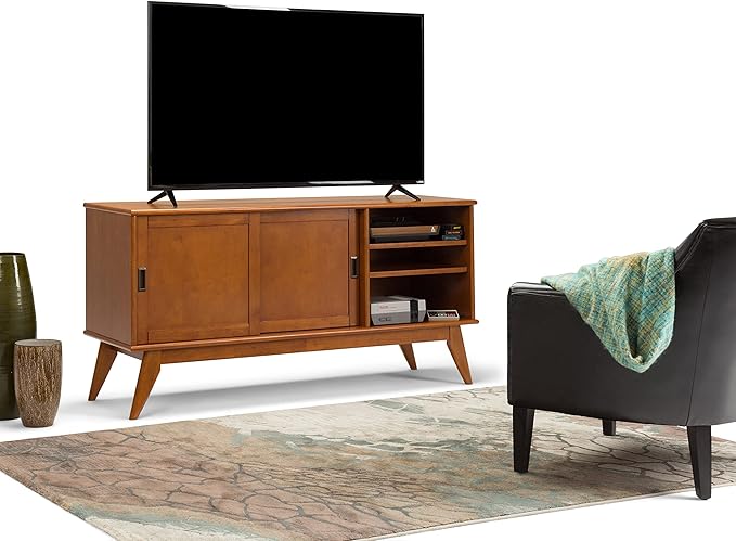 SIMPLIHOME Draper SOLID HARDWOOD 60 Inch Wide Mid Century Modern TV Media Stand in Teak Brown For TVs up to 65 Inches, For the Living Room and Entertainment Center