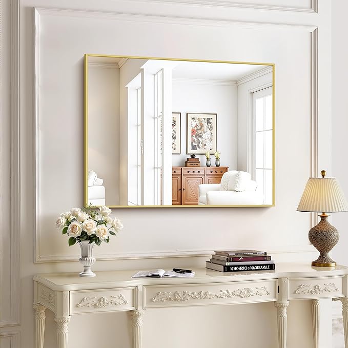 KOCUUY 30x40 Inch Large Gold Wall Mounted Mirror,Aluminum Framed Decorative Rectangular Bathroom Mirror for Wall Over Sink,Vanity Mirror for Bedroom Living Room Bathroom,Functional Oversized Mirror