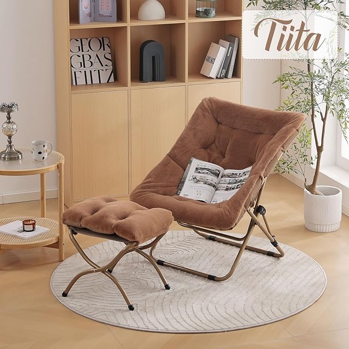 Tiita FoldedChair with Ottoman, Soft Faux Fur Oversized Folding Accent Chair,Lounge Lazy Chair, Metal Frame Moon Chair for Bedroom, Living Room, Dorm Rooms, Garden and Courtyard