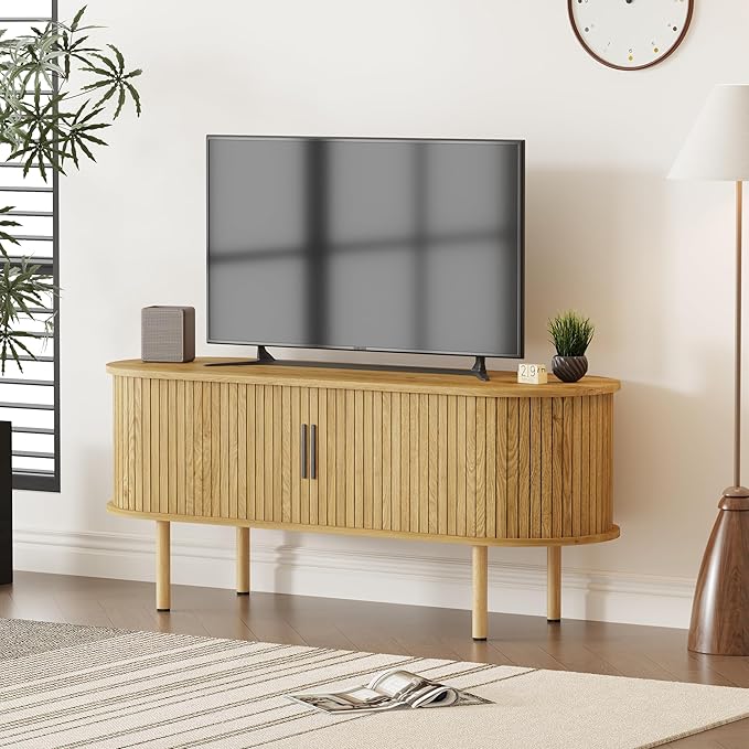 70.1" TV Stand, Modern TV Console Table with Storage Compartment and Sliding Door, Gaming Entertainment Center with Cabinet for Living Room, Bedroom, Office, Oak