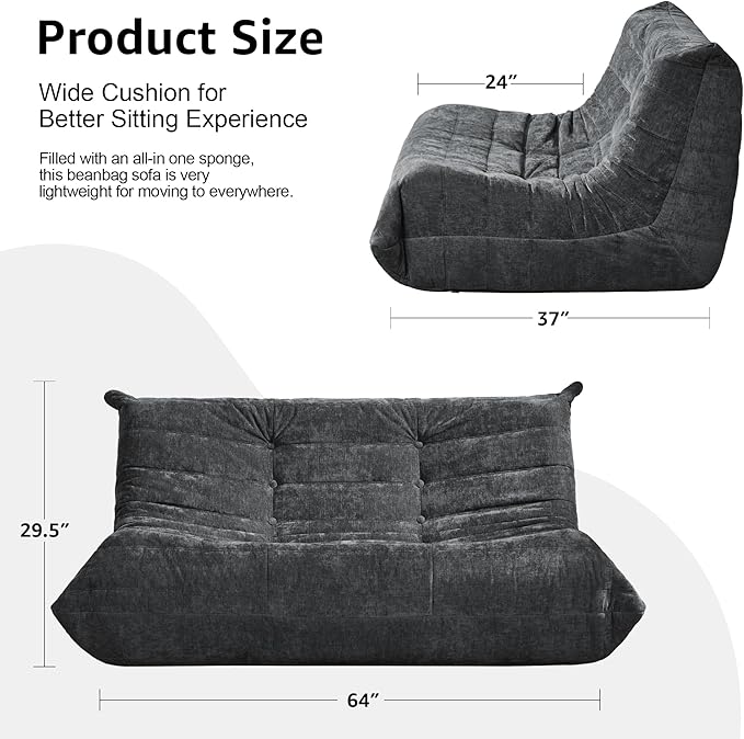 Hobestluk Bean Bag Chair Giant Bean Bag Sofa 2 Seater Bean Bag Chairs for Adults, Loveseat Floor Chair, Bean Bag Chairs for Living Room Bedroom Dorm Office (Darkgrey Chenille, Loveseat)