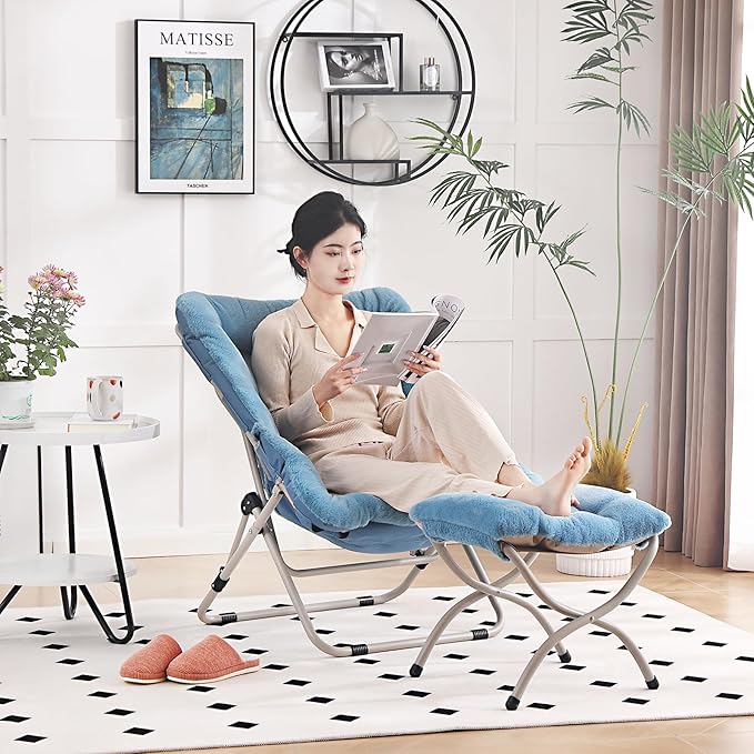 Saucer Chair with Ottoman, Comfy Oversized Folding Chair, Faux-Fur Reading Chair for Teens, Adults, Foldable Accent Lazy Chair, Metal Frame Lounge Chair for Living Room, Bedroom, Blue