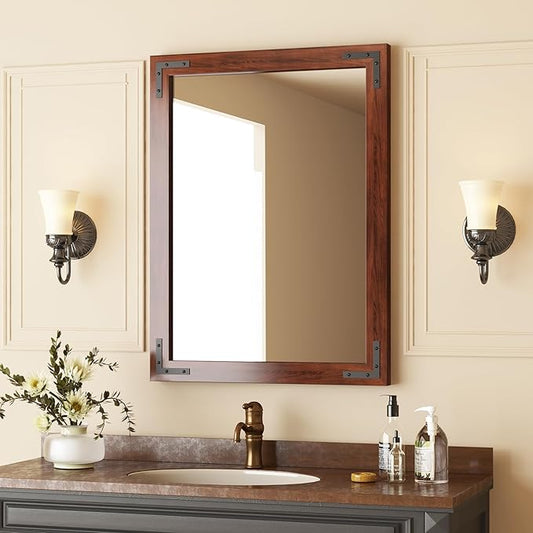 VocalStar Rustic Wood Framed Mirror 22 x 30 Inch, Natural Dark Brown Wooden Rectangle Bathroom Vanity Wall Mirror for Farmhouse Boho Decor, 1/4-inch Shatterproof Glass | Waterproof