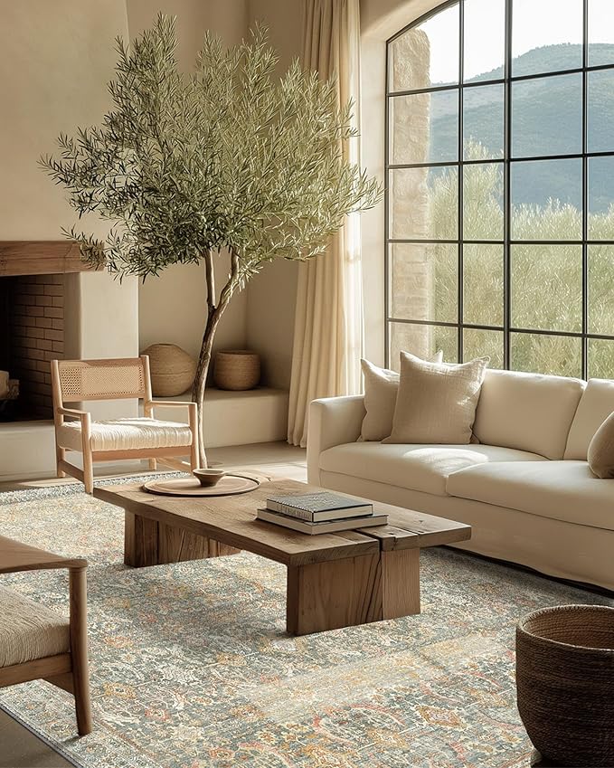 5X7 Area Rugs Machine Washable Rugs for Living Room, Vintage Boho Large Rugs for Bedroom Dining Room, Non Slip Indoor Soft Distressed Lightweight Thin Low Pile Carpet, Turmeric