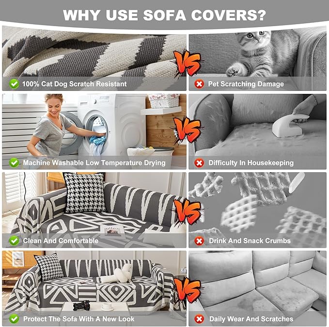 STACYPIK Modern Dark Grey Couch Cover, Boho Chenille Sofa Covers for Loveseat, Reversible Non Slip Triangle Pet Protector for 3 Cushion Couch Washable Sectional Couch Cover for L-Shaped-71X150IN