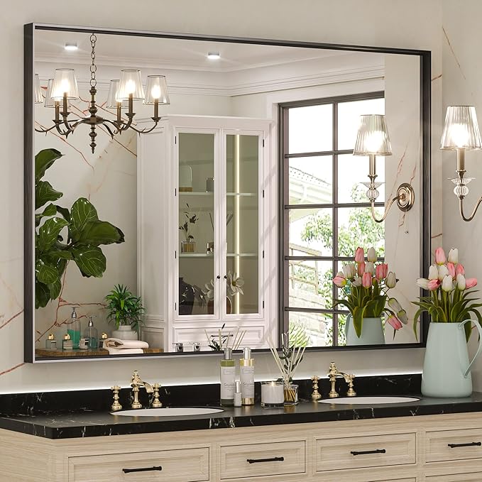 Keonjinn Black Bathroom Mirror 48 x 36 Inch, Large Rectangle Matte Black Vanity Mirrors, Square Corner, Metal Framed Rectangular Farmhouse Wall Mirror for Over Sink(Horizontal/Vertical)