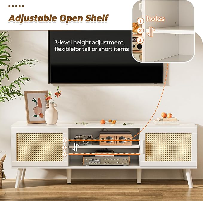 SUPERJARE TV Stand for 65 Inch TV, Entertainment Center with Adjustable Shelf, Rattan TV Console with 2 Cabinets, Media Console, Solid Wood Feet, 4 Cord Holes, for Living Room, White-8750W