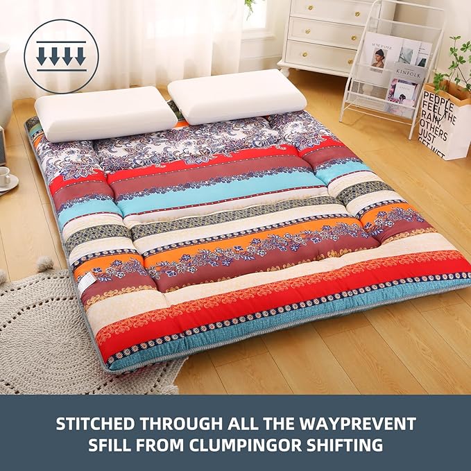 Bohemian Retro Japanese Floor Mattress, Vintage Floral Tatami Floor Mat, Portable Roll up Futon Mattress for Guest,Tavel (B,Full 80" X 47")
