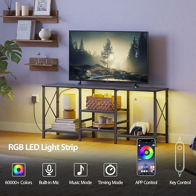 TV Stand with LED Lights for 55 Inch TV, Entertainment Center with 3-Tier Open Shelves, TV Console Table for Living Room, Bedroom, Black