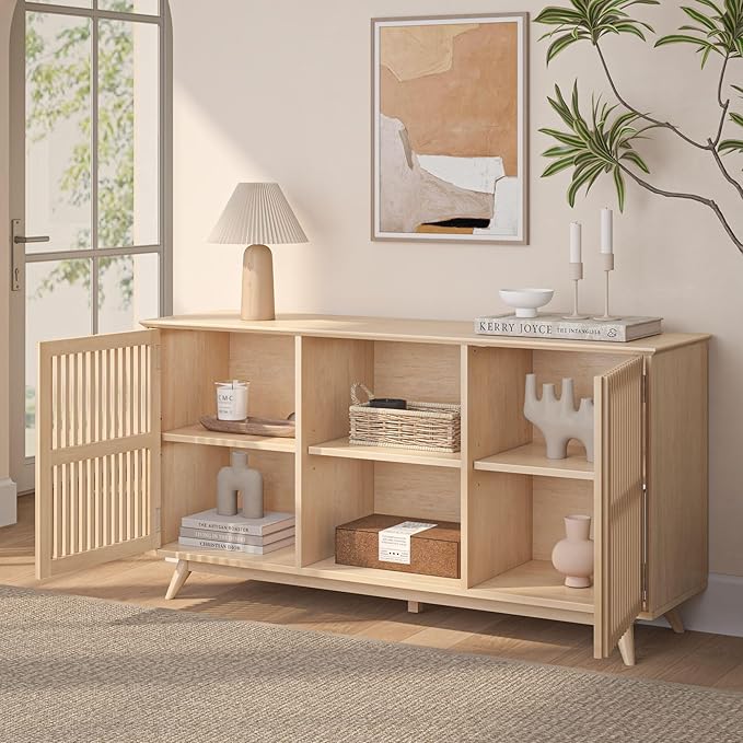 Plank+Beam Mid-Century Modern Wood TV Stand, Solid Wood Entertainment Console with Storage, 59" L x 16" W x 30" H, Blonde