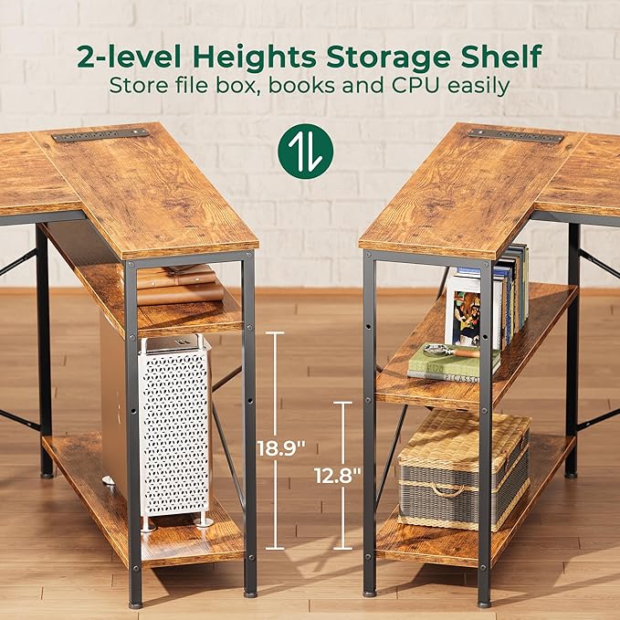 Huuger L Shaped Office Desk with Power Outlets, 55 Inch Computer Desk with 3 Drawers, Shelves, Reverisble for Gaming Corner Work Home Office Study, Rustic Brown