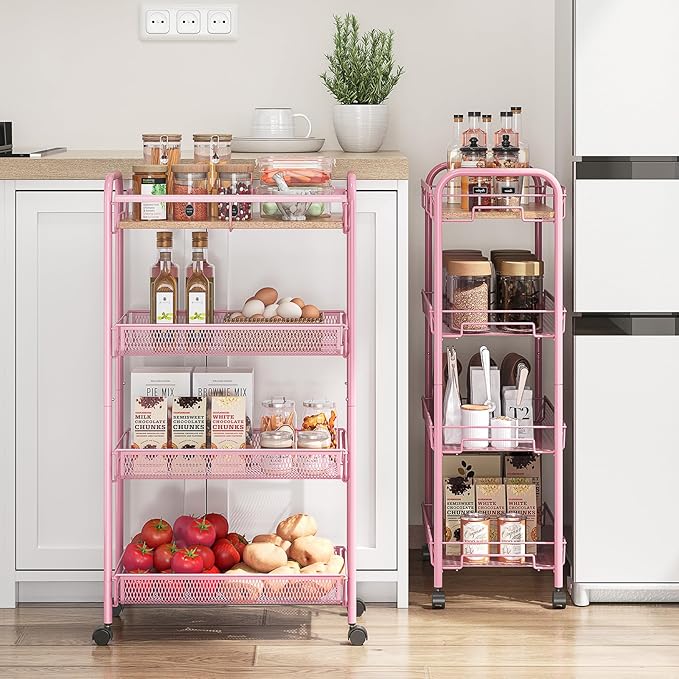 KINGRACK 4-Tier Wide Metal Rolling Storage Cart, Utility Cart with Wooden Tabletop for Laundry, Bathroom, Kitchen, Apartments, Dormitory (Pure Pink, Wide)