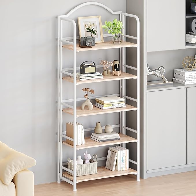 No-Assembly Folding Bookshelf Storage Shelves 5 Tiers Vintage Multifunctional Plant Stand Storage Rack Shelves Bookcase for Home Office