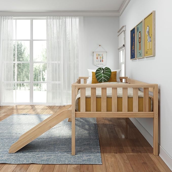 Max & Lily Twin Ultra Low Loft Bed with Slide and Climbing Ladder, Solid Wood Bed for Kids, Space Saving Design for Small Rooms, Twin Size Loft Bed with 14 Inch Guardrails, Anti Slip Steps, Blonde