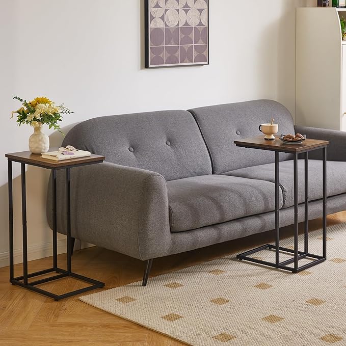 Side Table Small End Table C Shaped, Slide Under Laptop Desk for Couch, Living Room Side Table, TV Trays for Eating on Couch, Rustic Brown+Black YD-TM051HB