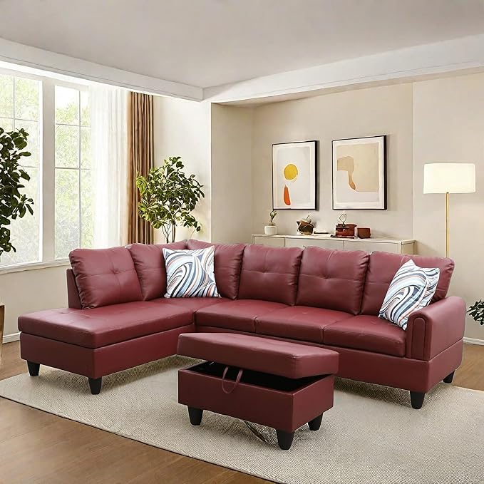 NAYSAYE Sectional Couch with Ottoman Storage, L Shaped Couch Sofa Furniture Sets, Modern Comfy Modular Comfy Sofa for Living Room Bedroom, Office and Apartment, Red