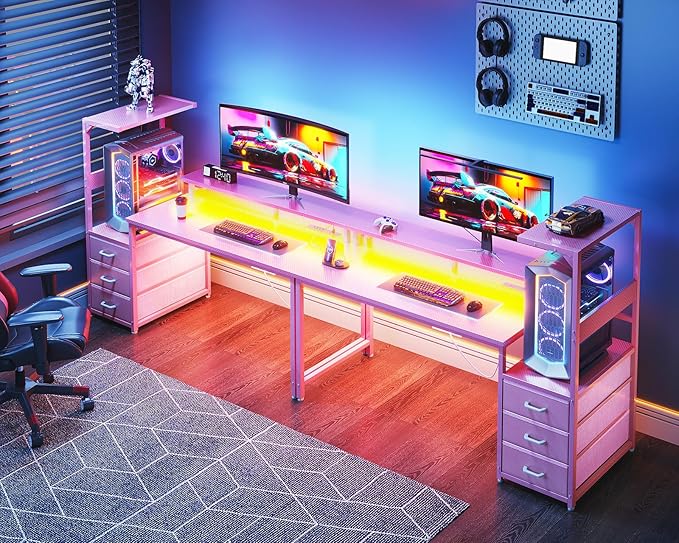AODK 59 Inch Gaming Desk with USB Charging Ports & LED Light- Reversible Computer Desk with Storage Shelves & Monitor Stand, Modern Gamer Desk Table with Fabric Drawers & Side Hook, Carbon Fiber Pink