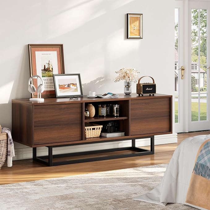 HAIOOU TV Stand for 50 55 Inch TV, Modern TV Console Small Entertainment Center with Sturdy Metal Base, Push-to-Open Doors and Soft-Close Hinges for Living Room, Bedroom - Walnut Brown