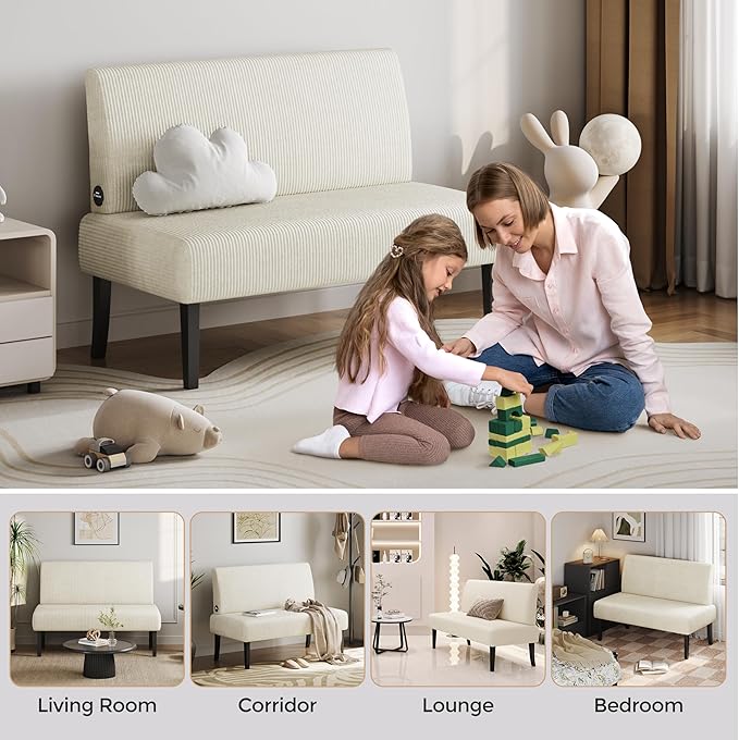 Yaheetech Small Mini Sofa Couch Armless Loveseat Futon for Bedroom, Corduroy Fabric & Easy Assembly, for Small Spaces Living Room,Dorm,Office,Apartment, Beige