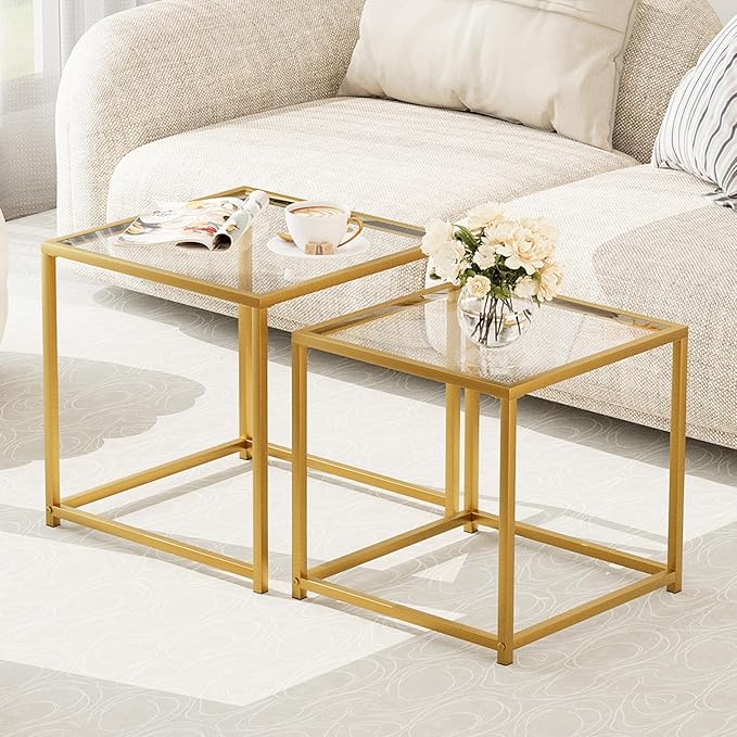 Garden 4 you Coffee Table Set of 2, Modern Glass Nesting Table, Metal Frame Square Center Table Set, Side Tables, Nesting Coffee Table for Living Room, Bedroom and Small Spaces, 19.7in Gold