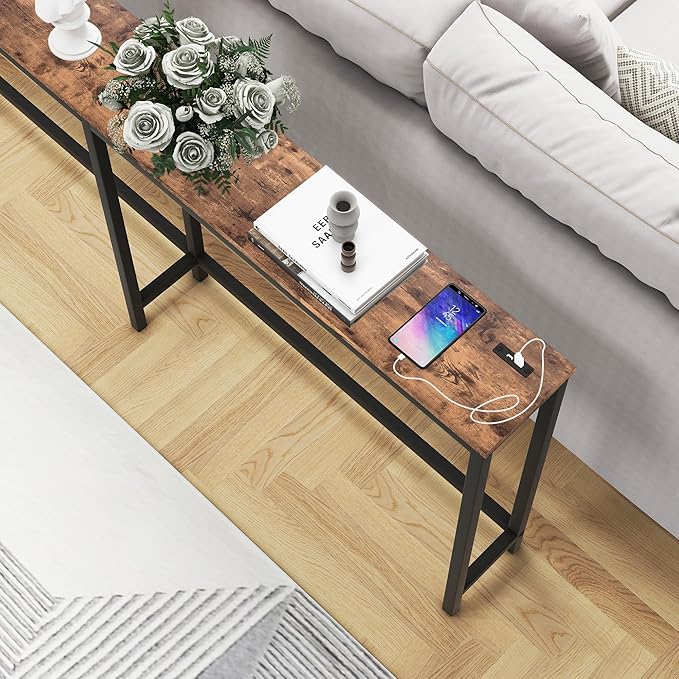 HOMERECOMMEND 70.8 Inch Console Table with USB Ports, Sofa Table with Charging Station, Narrow Entryway Table, Skinny Hallway Table,Rustic Brown