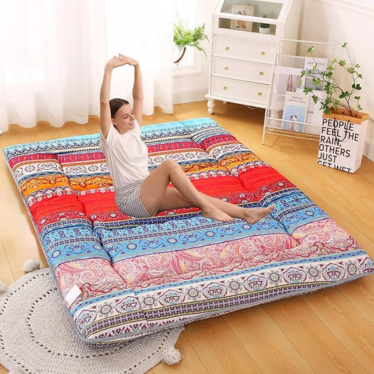 Bohemian Retro Japanese Floor Mattress, Vintage Floral Tatami Floor Mat, Portable Roll up Futon Mattress for Guest,Tavel (C,Twin 80" x 36")