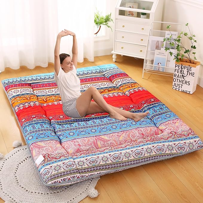 Bohemian Retro Japanese Floor Mattress, Vintage Floral Tatami Floor Mat, Portable Roll up Futon Mattress for Guest,Tavel (C,Full 80" X 47")